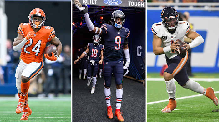 Khalil Herbert runs with the balls; Jaquan Brisker walks onto the field via tunnel and high fives a fan above; Justin Fields runs with the quarterback